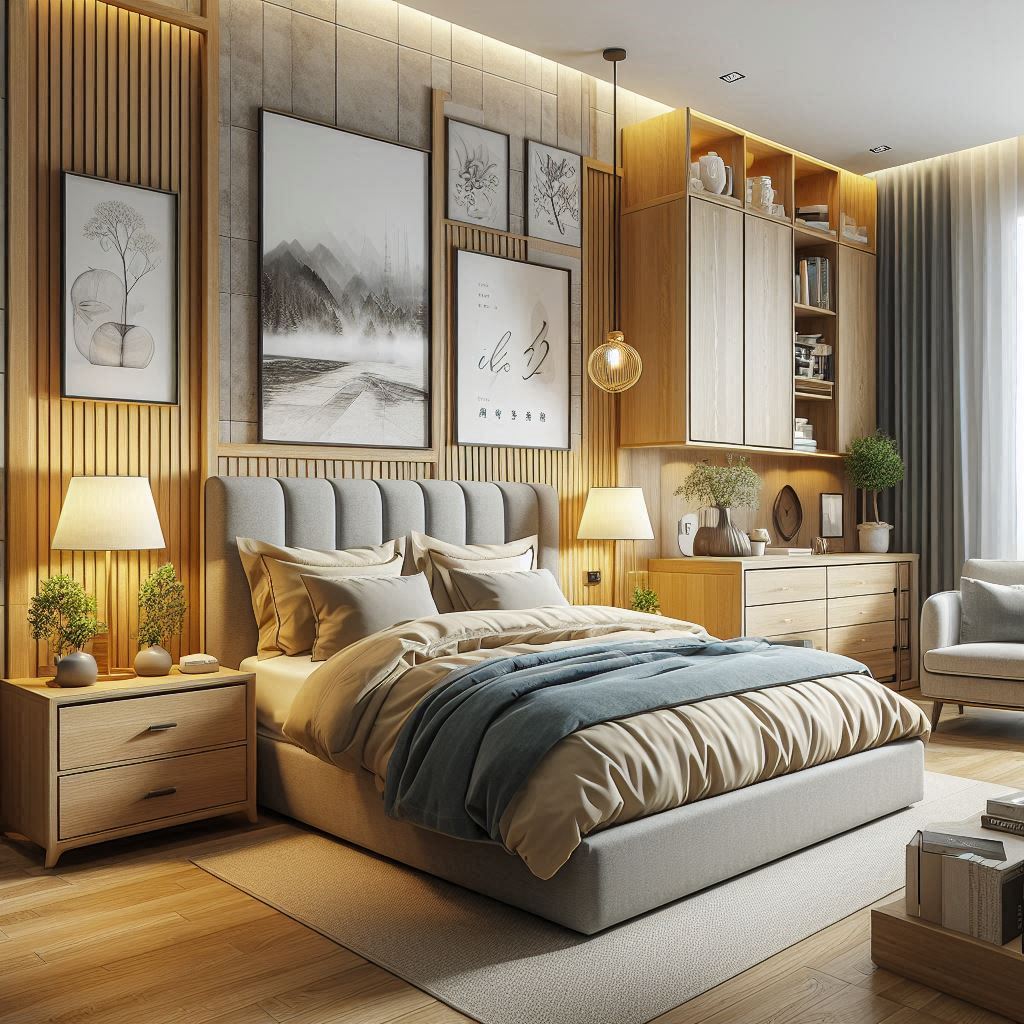 A bedroom with functional furniture and cozy bed