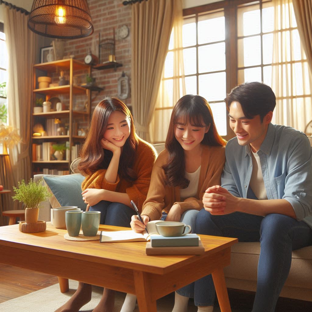 3 people in a cozy living room