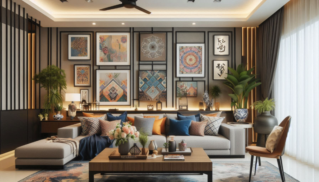 living room with lots of artworks